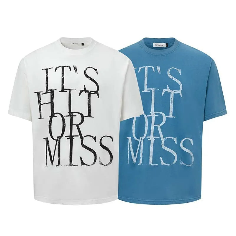 Men's blue American-style letter print loose fit cotton blend t-shirt