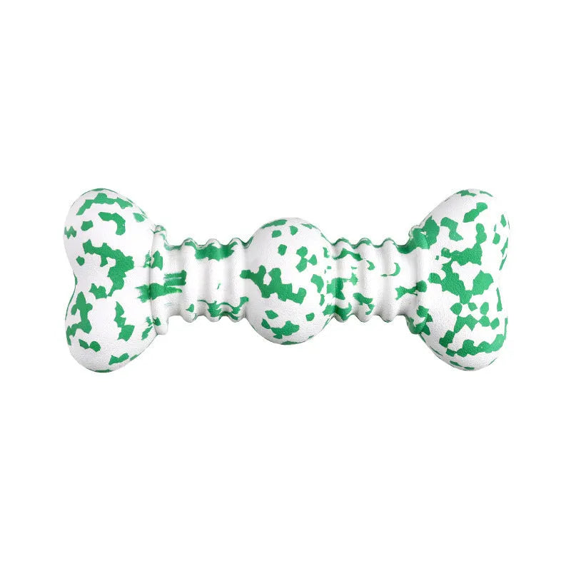Green, white, and yellow camouflage pattern natural rubber dog chew bone for large breeds.