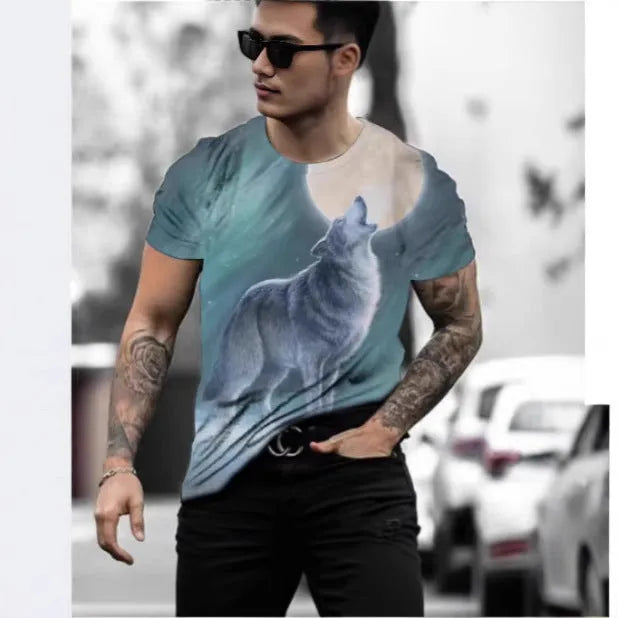 Retro 3D animal graphic printed on a men's short sleeve grey t-shirt.