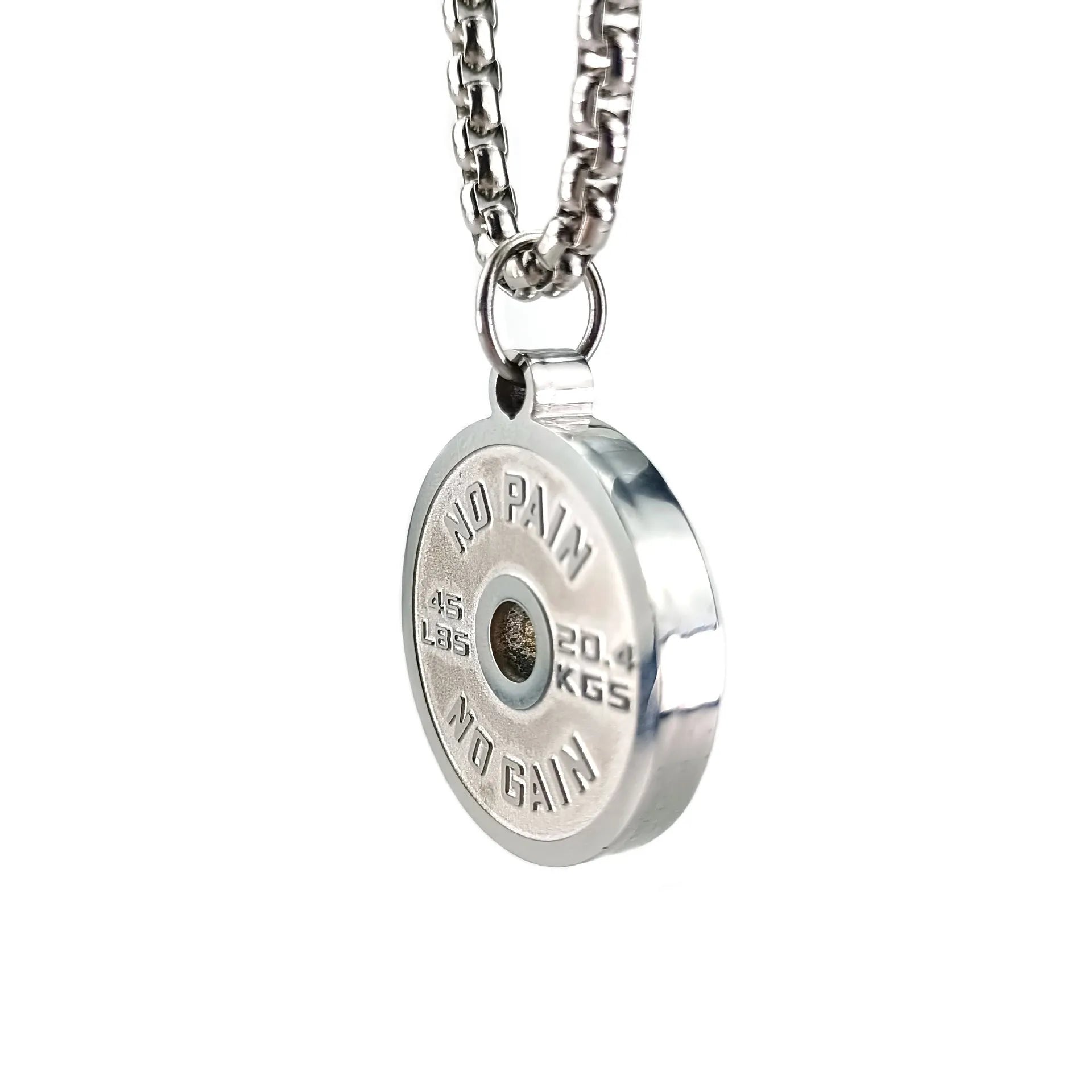 Stainless steel barbell disk sports necklace with geometric pendant on 60cm chain