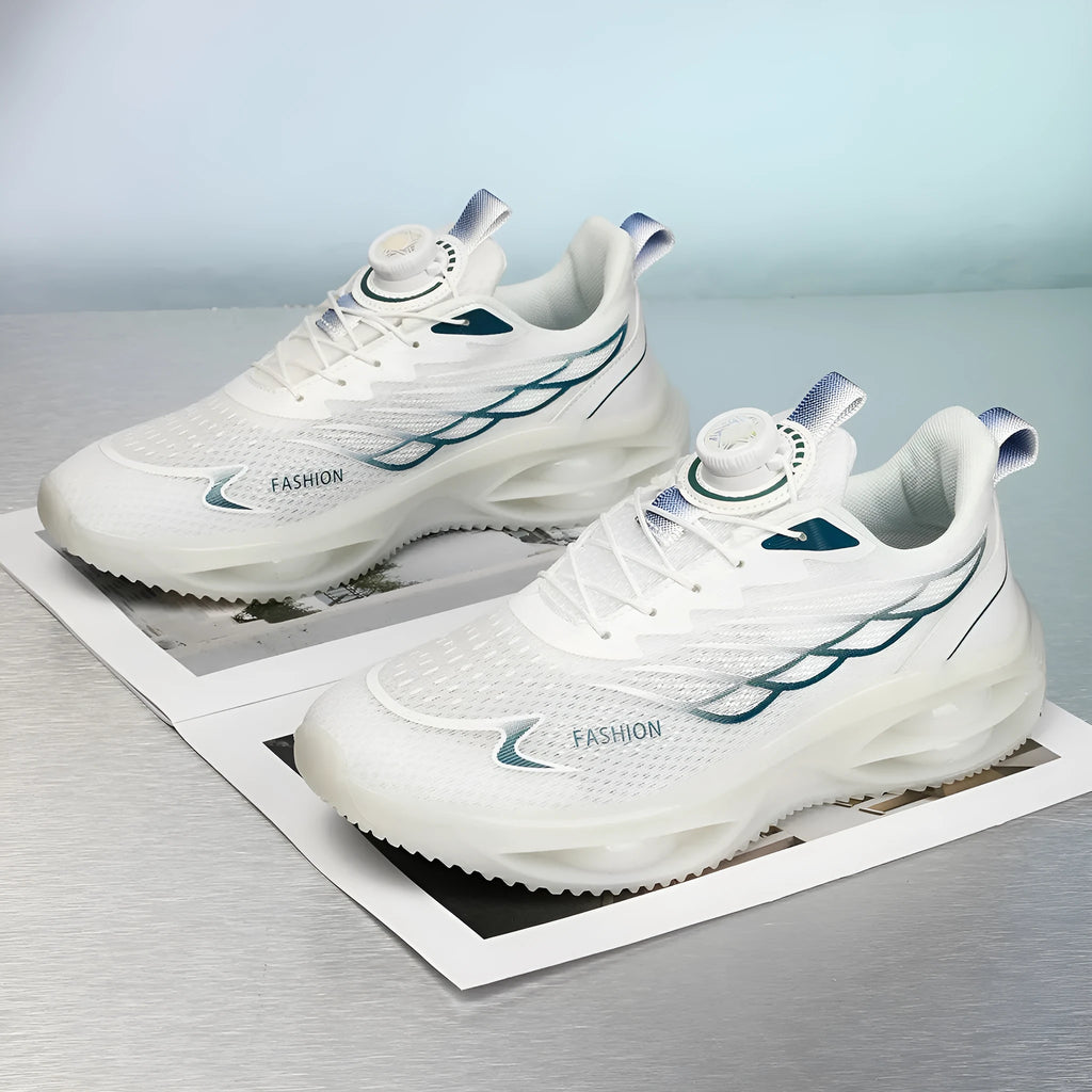 Low-top casual running shoes in sky blue, black gold, or white with PU mesh upper and rubber sole.