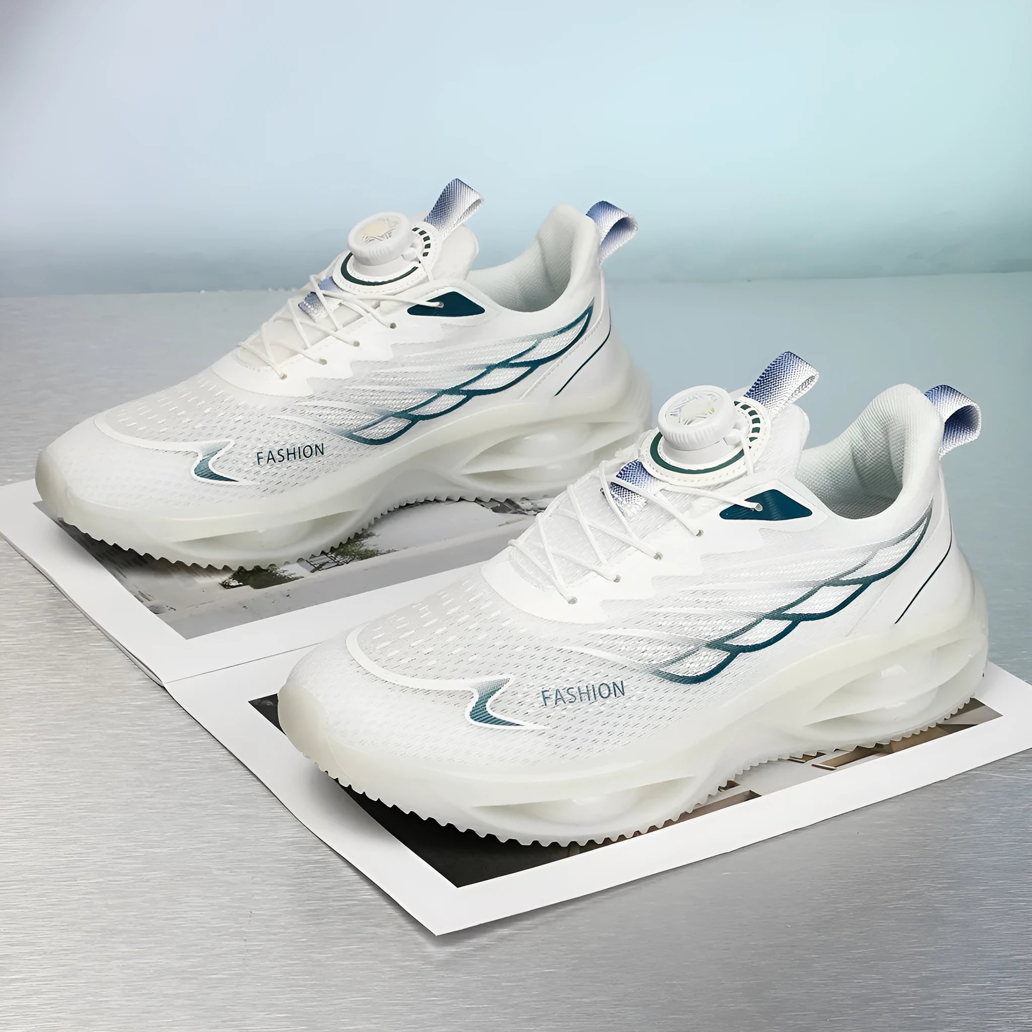 Low-top casual running shoes in sky blue, black gold, or white with PU mesh upper and rubber sole.