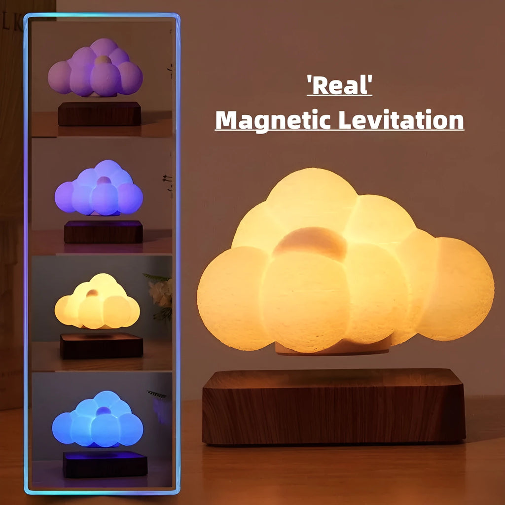 Magnetic levitation cloud lamp with 3D-printed floating cloud, warm white light, and touch control base