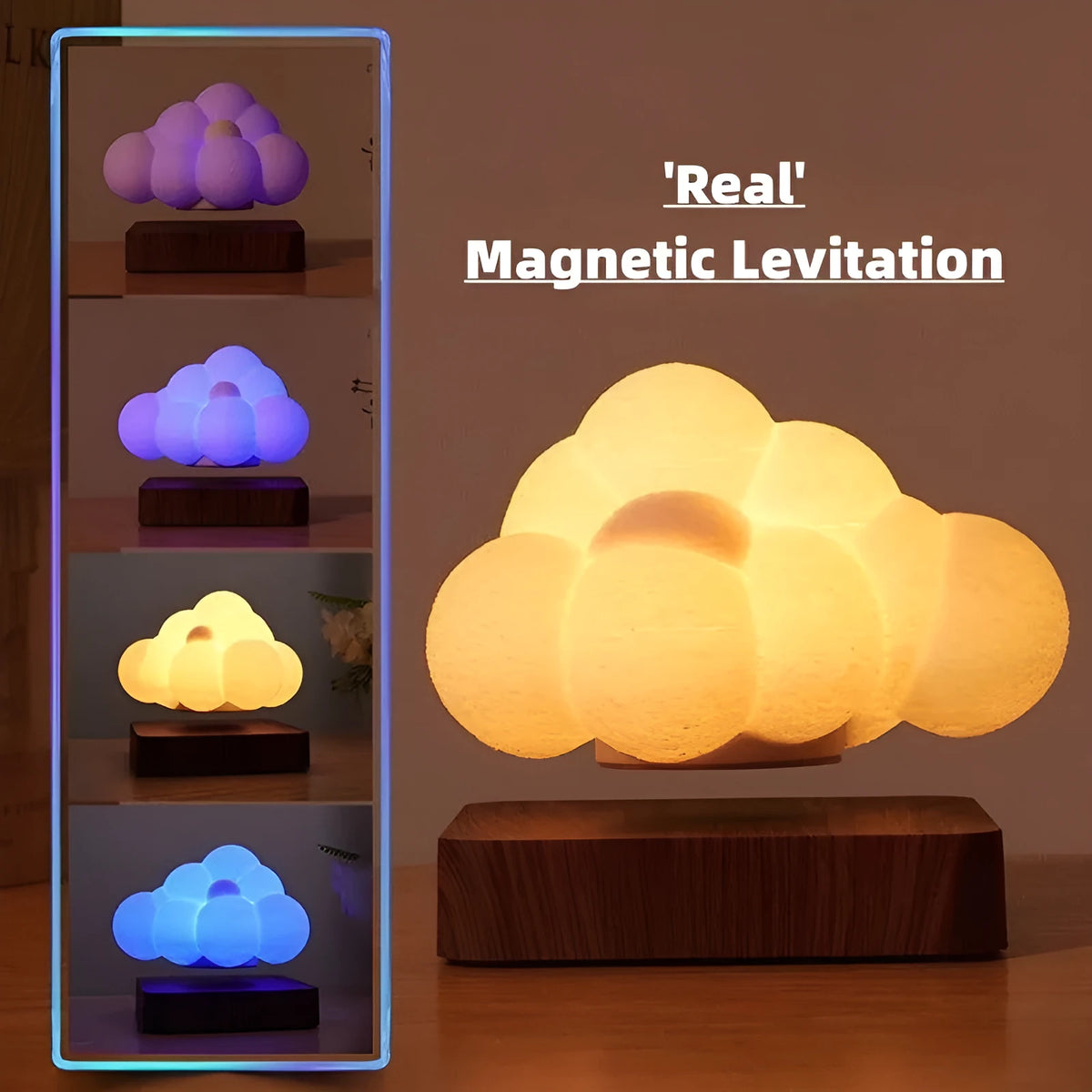 Magnetic levitation cloud lamp with 3D-printed floating cloud, warm white light, and touch control base