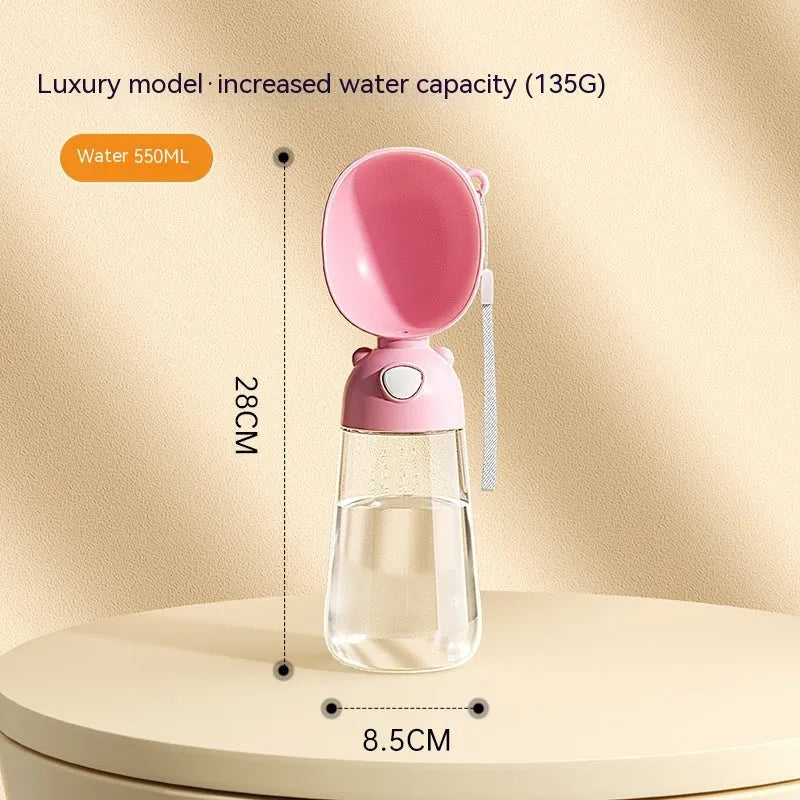 Portable dog water bottle and food container in yellow, pink, and brown for outdoor travel