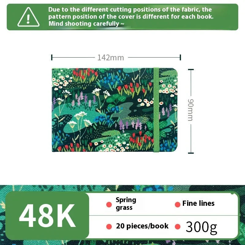 Feiluniao handmade fabric watercolour notebook with cotton paper, 185mm long, shown in a cover design option.