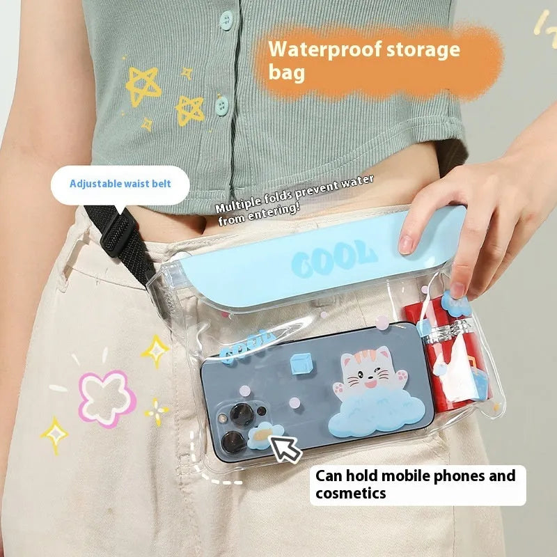 PVC waterproof mobile waist bag with touch screen and adjustable strap, blue whale cartoon design