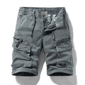 Men's army green cotton shorts with zipper and multiple pockets, shown in a Korean style fit.