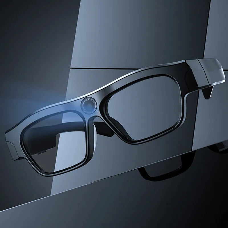Black smart Bluetooth glasses with video recording capability and transparent lenses
