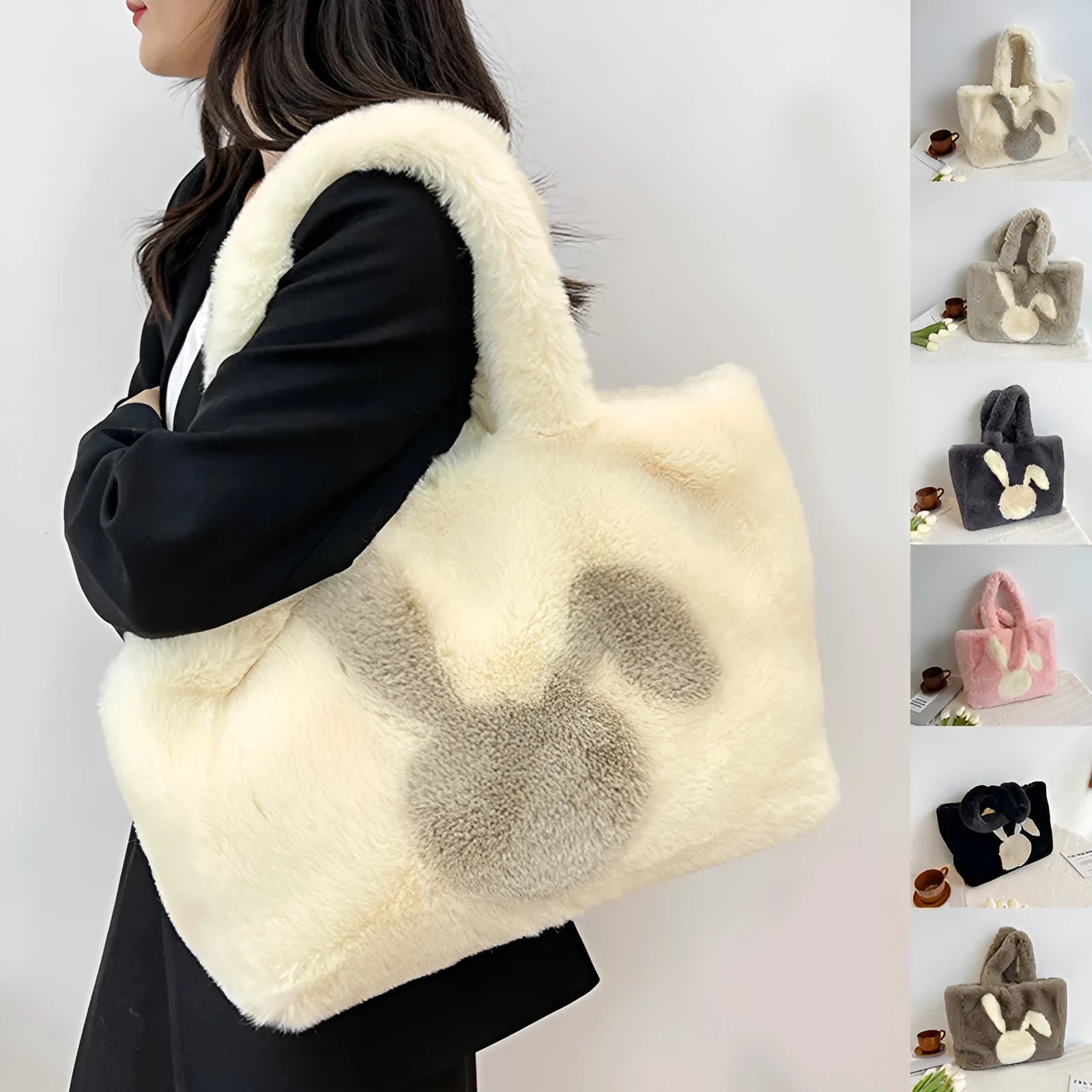 Cartoon rabbit ears plush shoulder tote bag in a solid colour on a model.