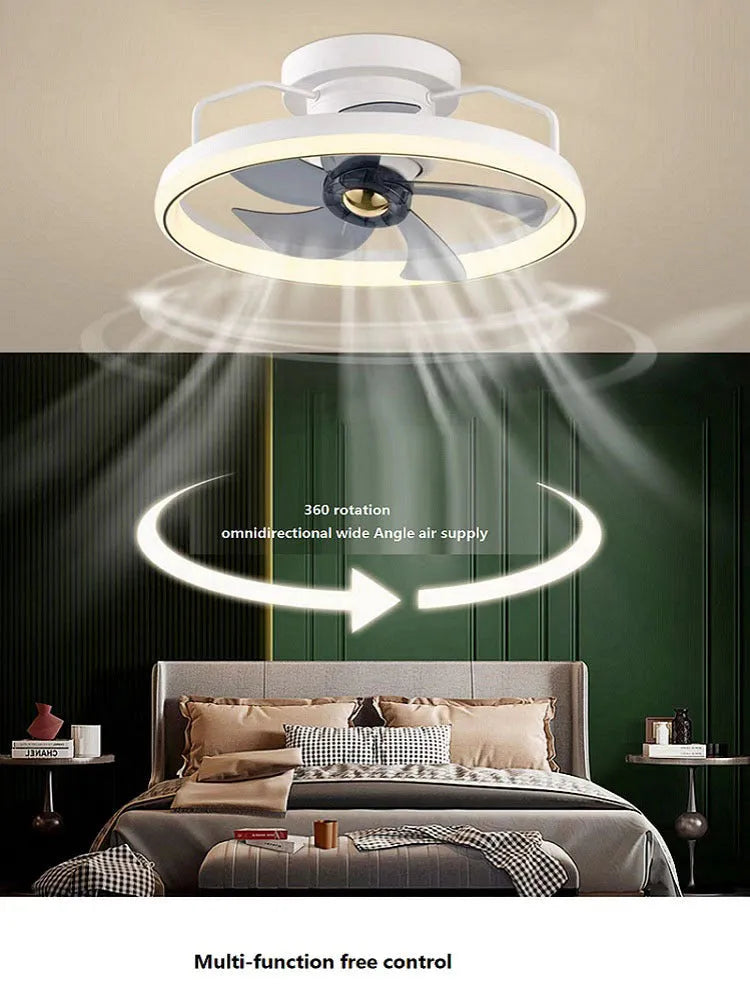 Modern white ceiling fan lamp with integrated light and five blades, mounted on a ceiling.