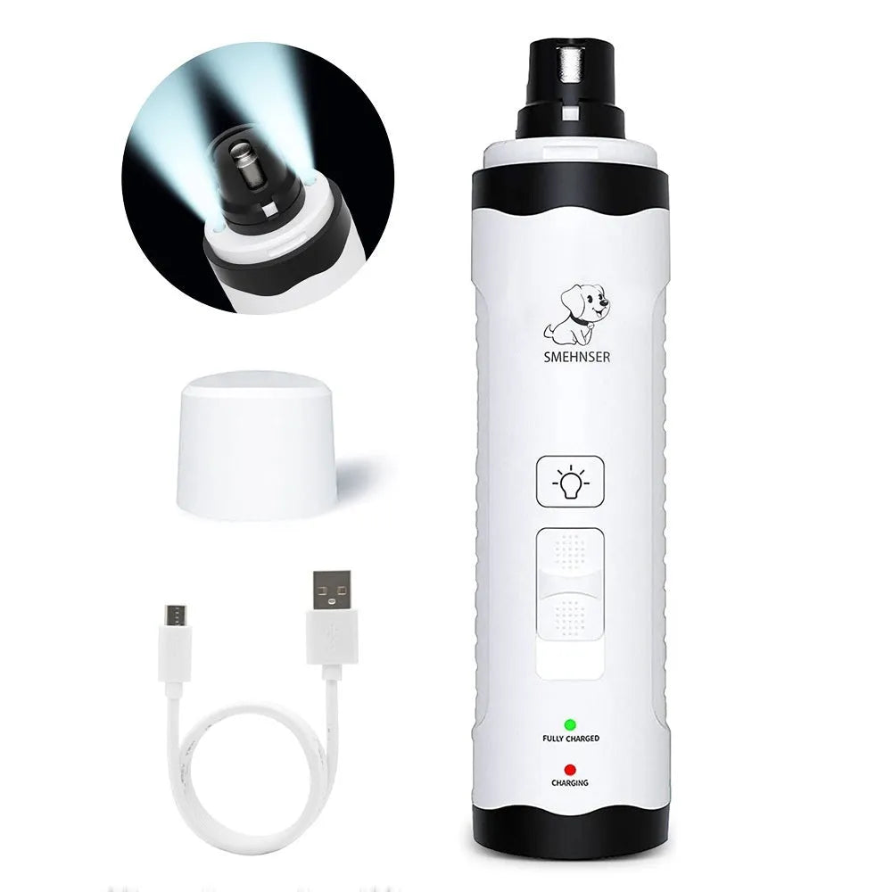 Electric dog nail grinder with LCD screen, LED lights, and dust collection bin on a white background.