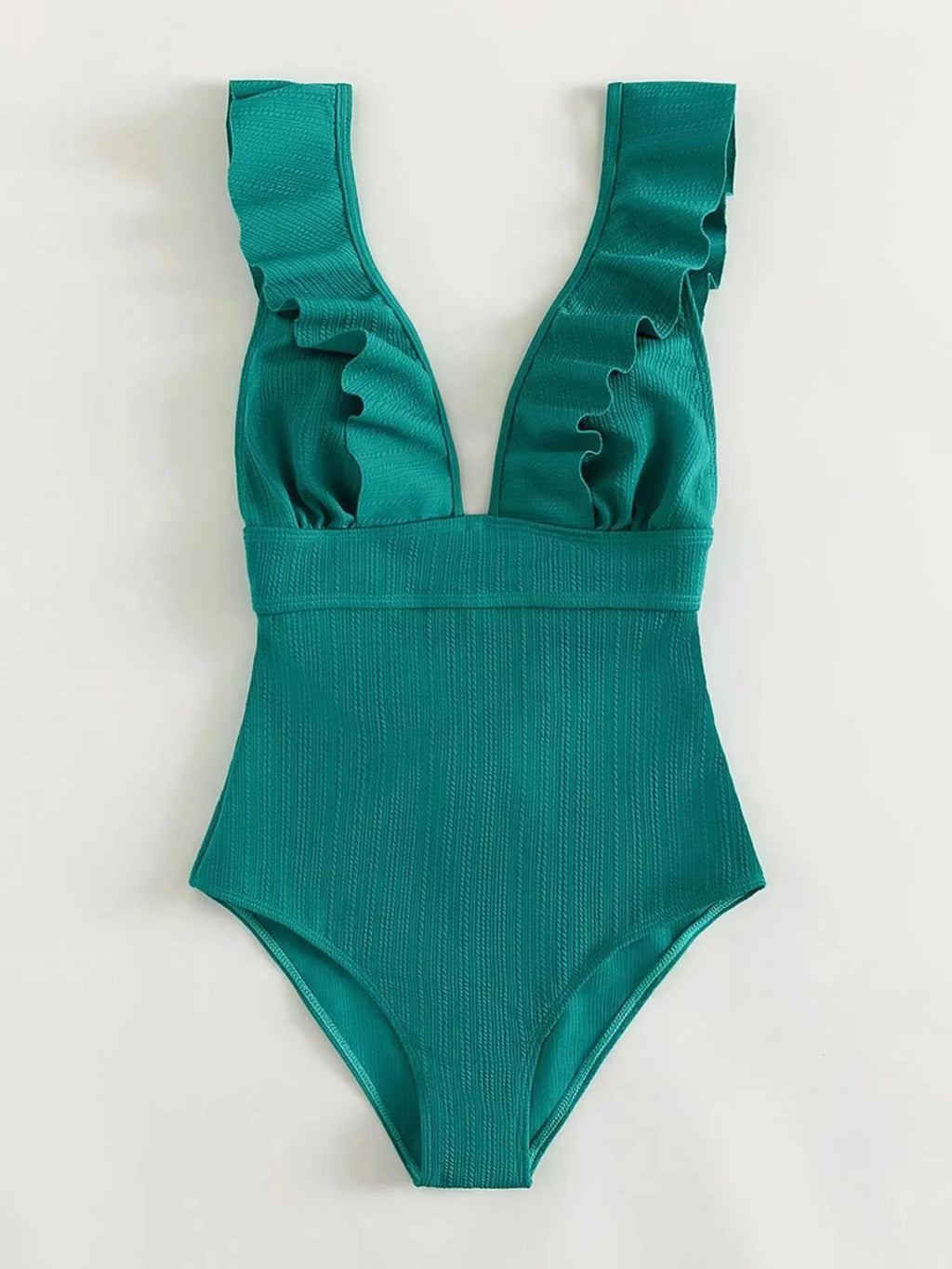 Women's black one-piece swimsuit with ruffled adjustable shoulder straps and back lace fastening.