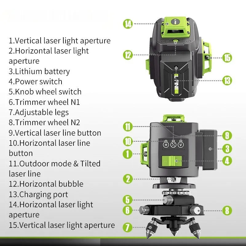 Green 16-line 3D self-levelling laser level with nylon case on a workbench.