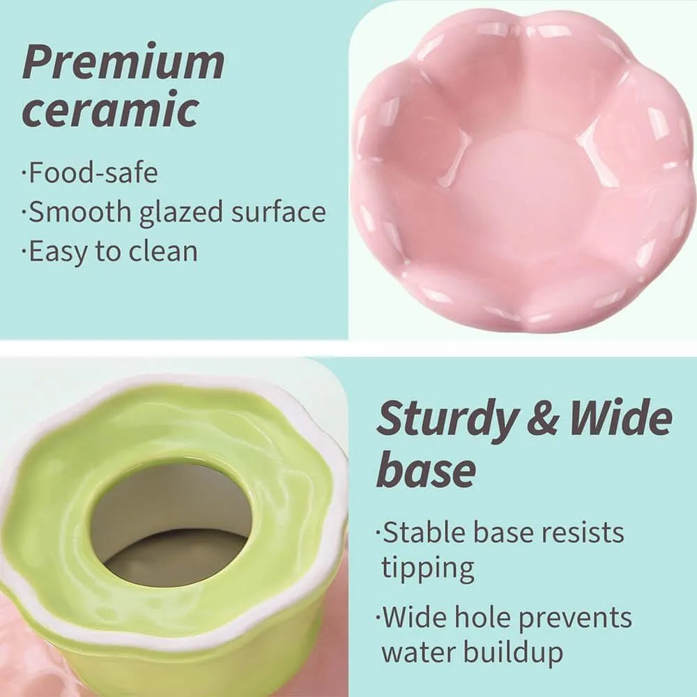 Pink ceramic raised cat bowl with flower shape and non-slip base, 15-degree angle, for small to medium cats