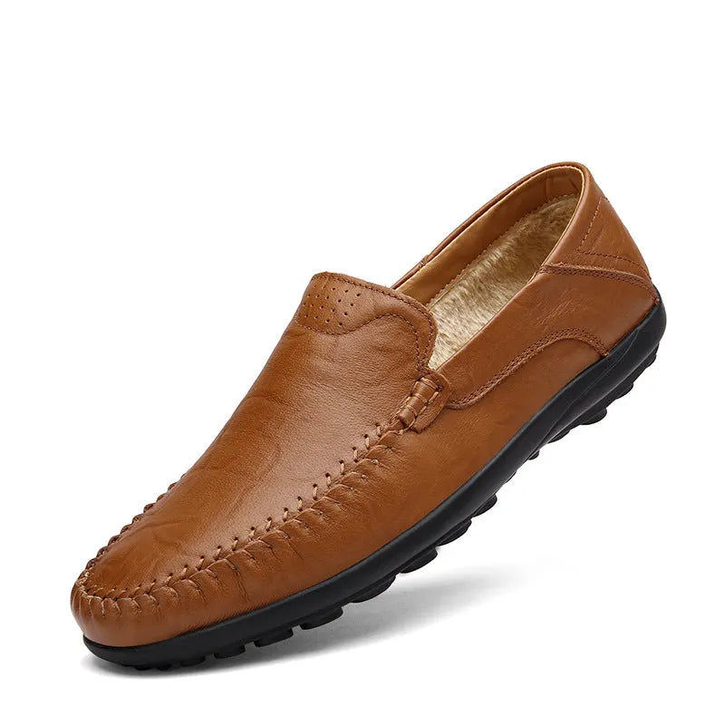 Men's cowhide leather shoes with round toe and flat heel in black, brown, and dark brown colour options