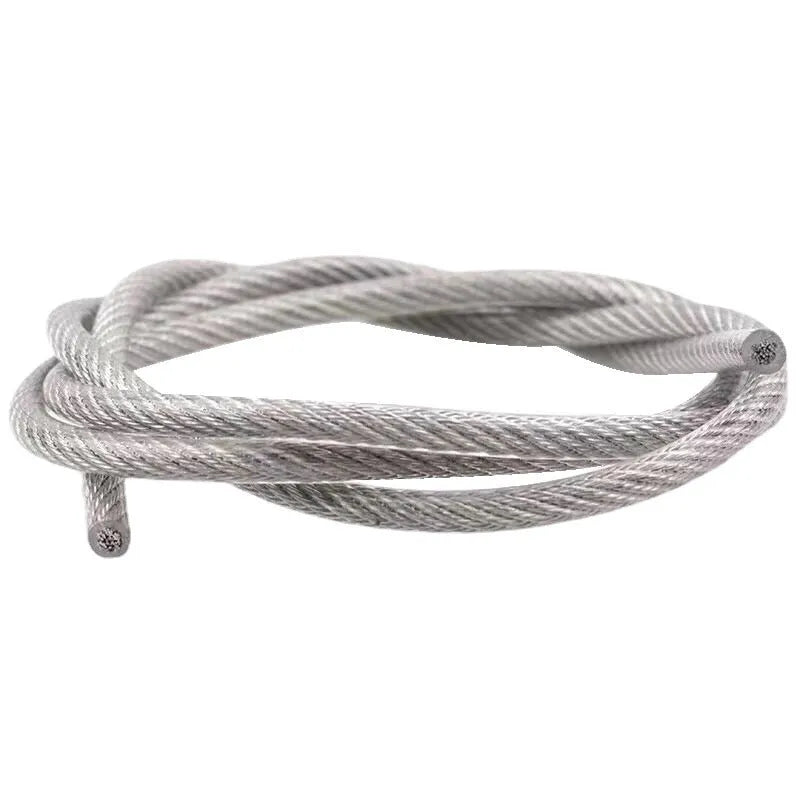 Coiled 304 stainless steel anti-theft security wire rope with a black coated finish on a grey background.