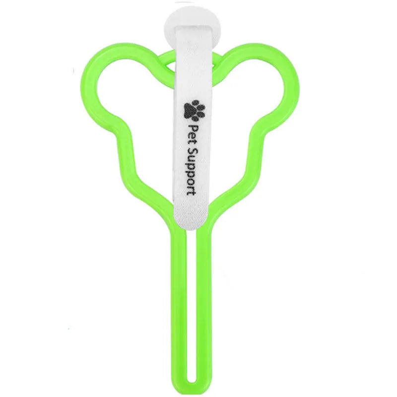 A dog poo bag holder with a hands-free clip and black Velcro strap attached to a leash.
