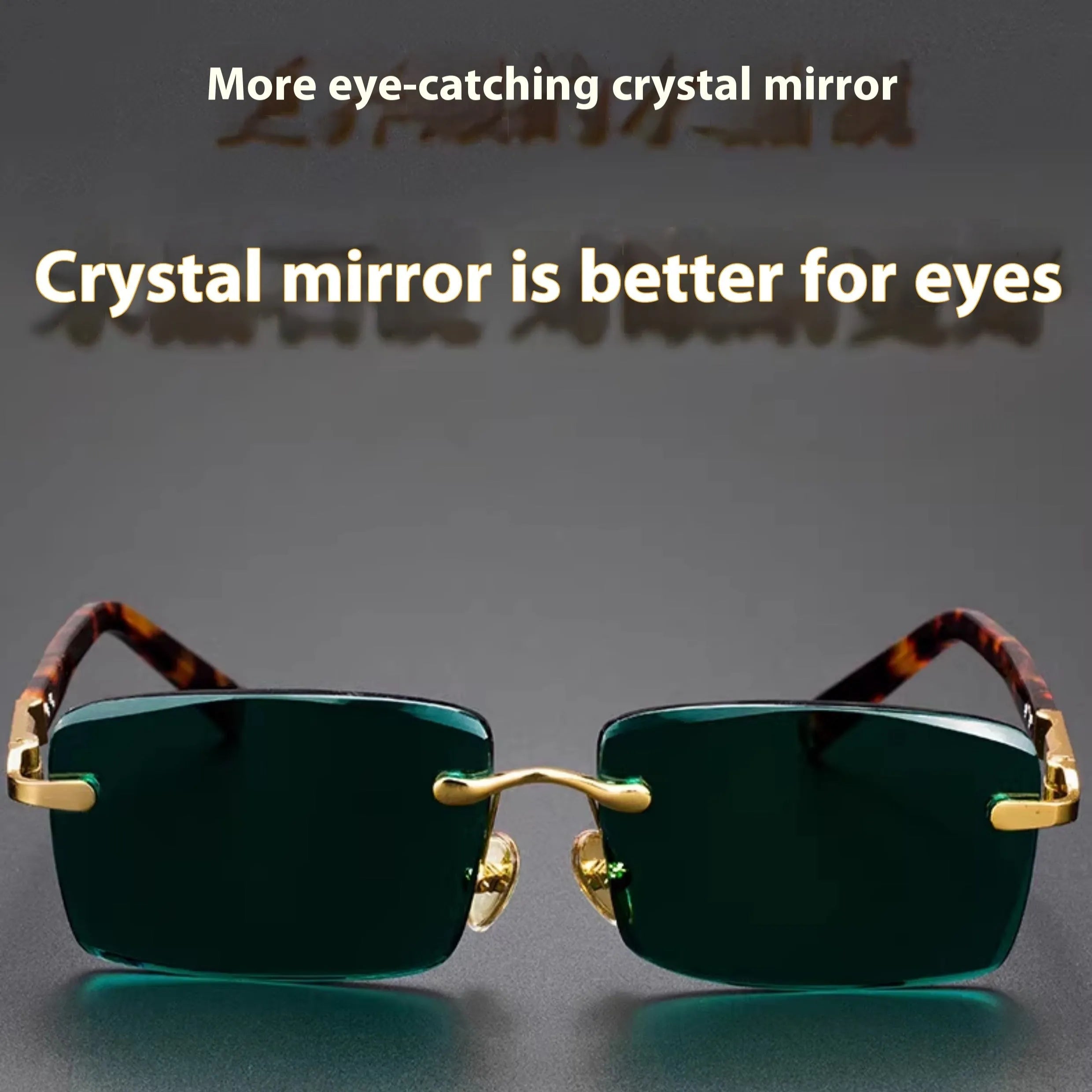 Frameless dark green crystal sunglasses with metal arms on a table next to their hard case.