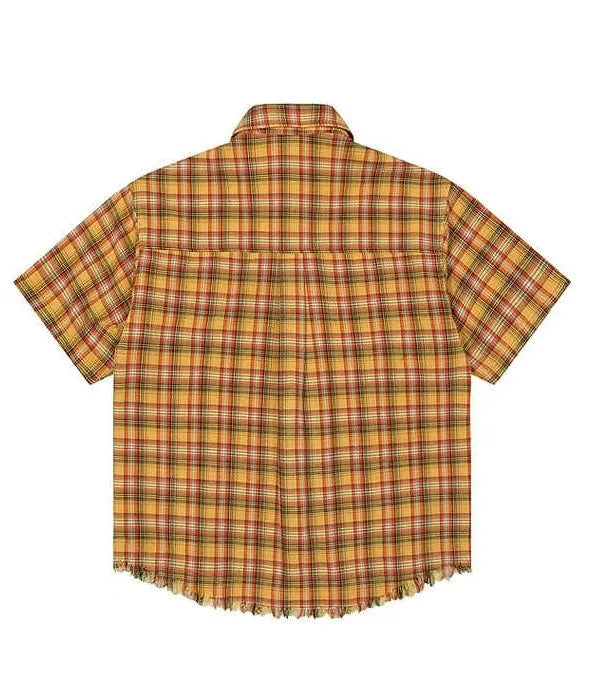 Yellow grid plaid shirt with embroidery pocket detail, loose fit short sleeve design