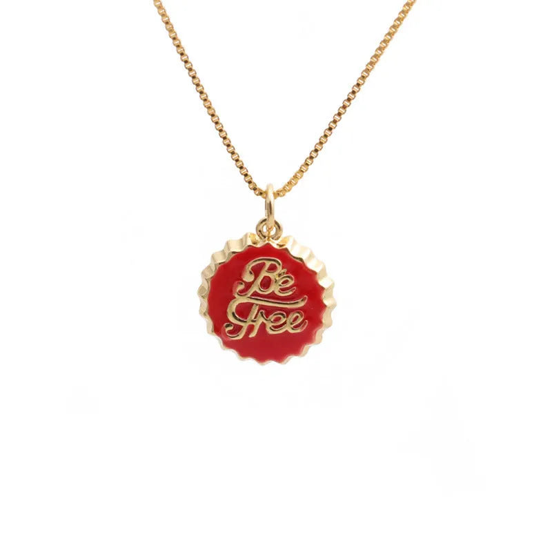 Copper bottle cap pendant necklace with 18K gold electroplating on a 40 cm box chain.