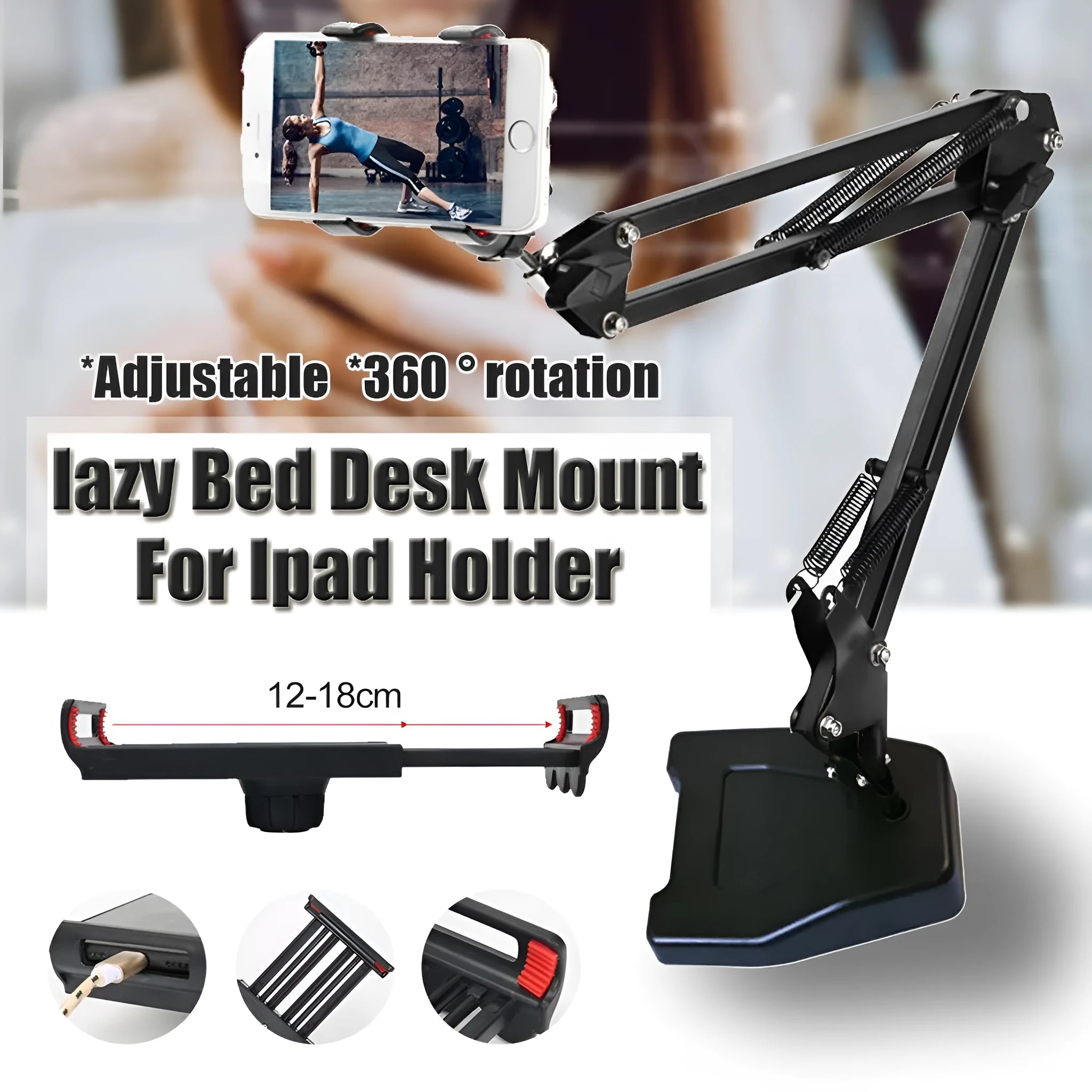 Black universal phone stand with long adjustable metal arm and heavy round base on a desk