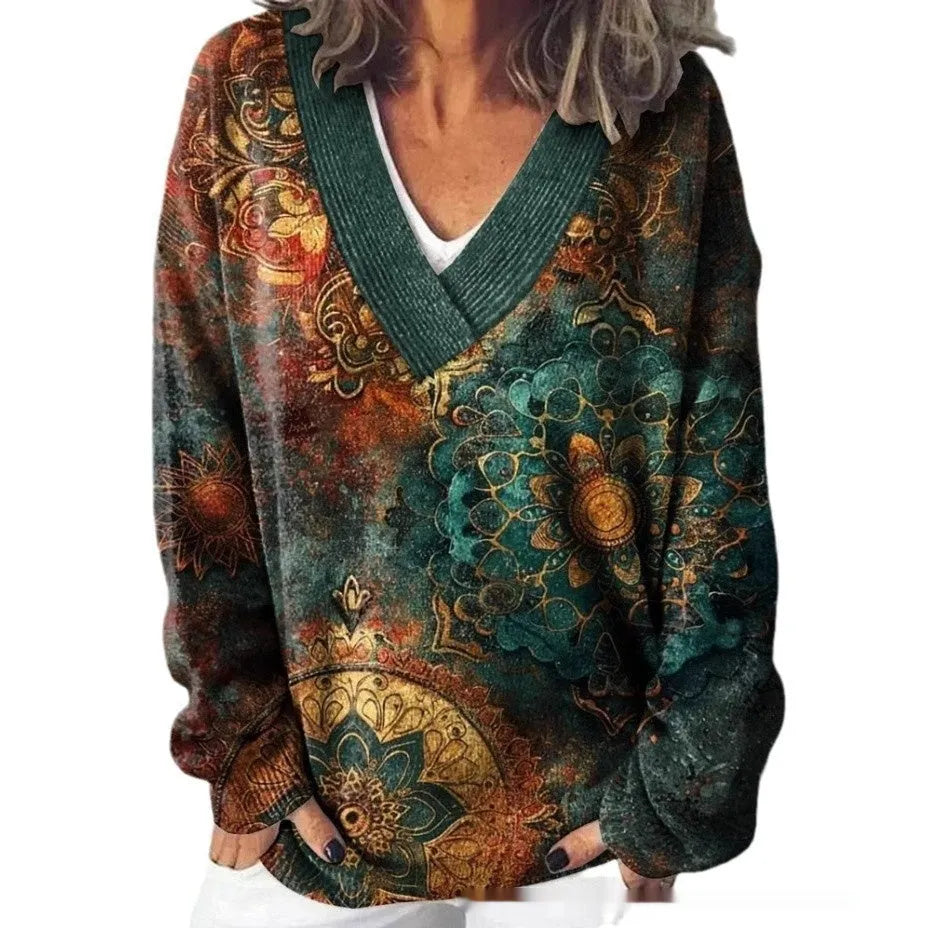 Women's V-neck sweatshirt with 3D floral print pattern on white polyester woven fabric