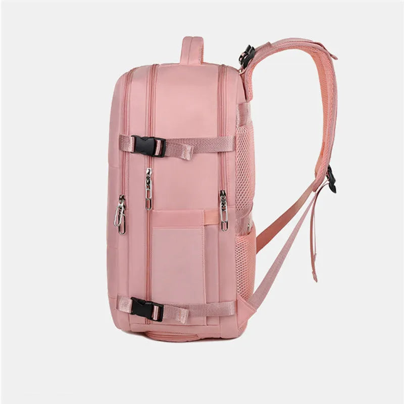 Large purple travel backpack with multiple compartments and an air pillow strap system.