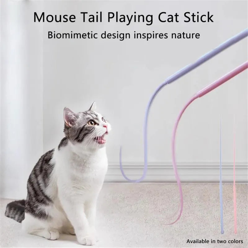 Blue simulated mouse tail cat toy with ABS cat head and long silicone tail for interactive play