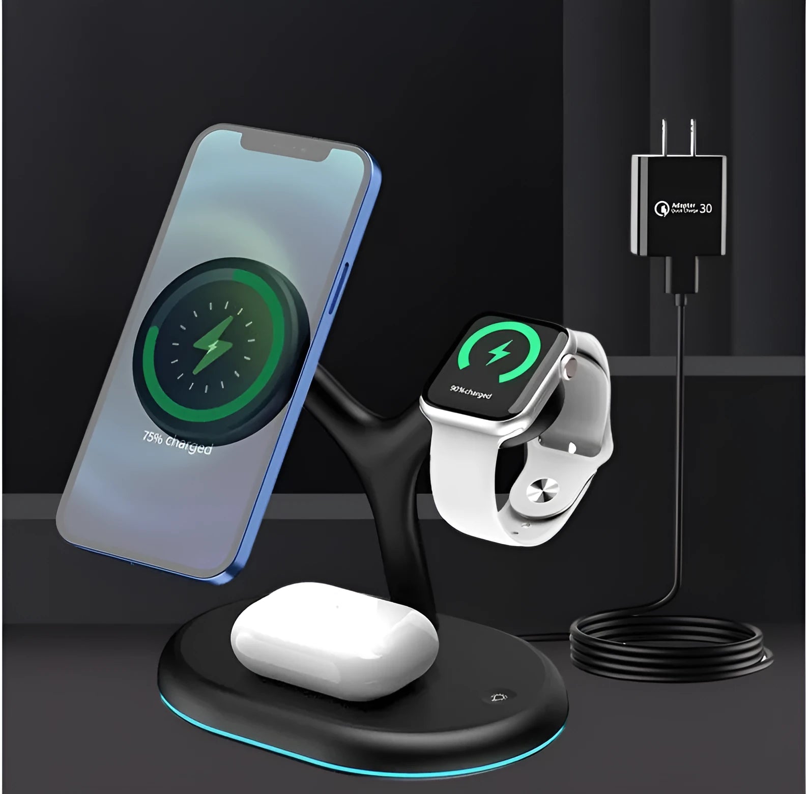 Black magnetic wireless charging stand holding a phone upright on a desk.