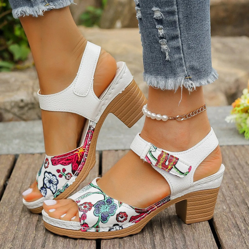 White women's high heel sandals with a Velcro strap buckle on the ankle.