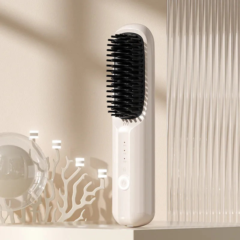 Wireless anion hair straightening comb in beige, showing comb shape and ceramic plates.