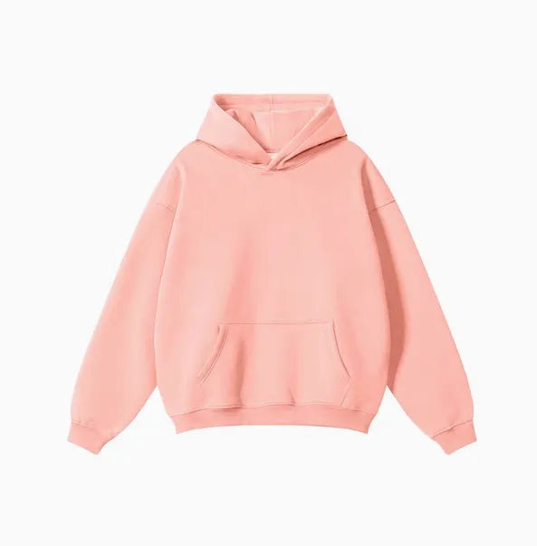 A loose-fitting men's cotton hooded sweater in a pullover style on a hanger.