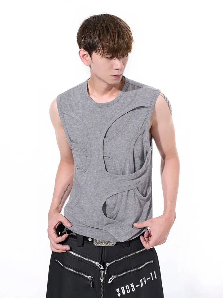 Men's solid grey lyocell vest with round neck collar on a hanger.