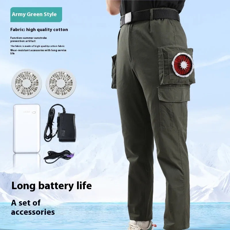 Men's pure cotton welder's fan pants in Army Green with battery accessory