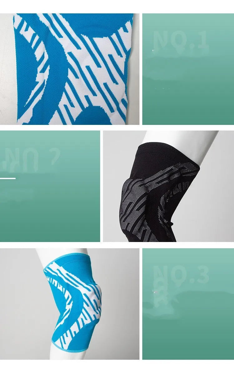 Men's black pressurised basketball knee pad made of nylon, shown on a knee.