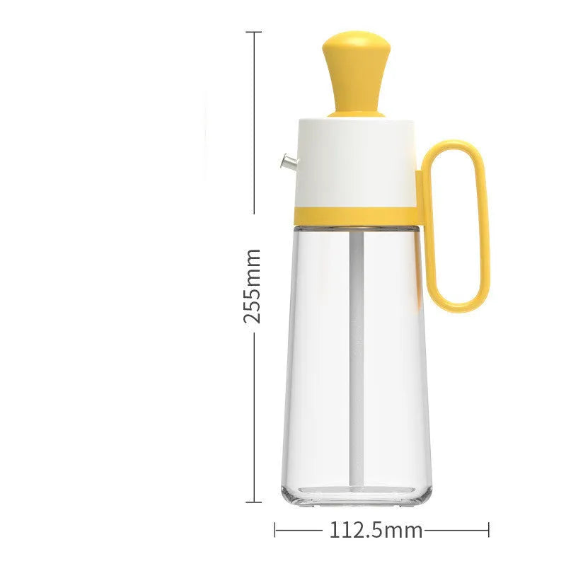 Transparent glass oil dispenser with silicone brush, stainless steel nozzle, in yellow, green, or brown.