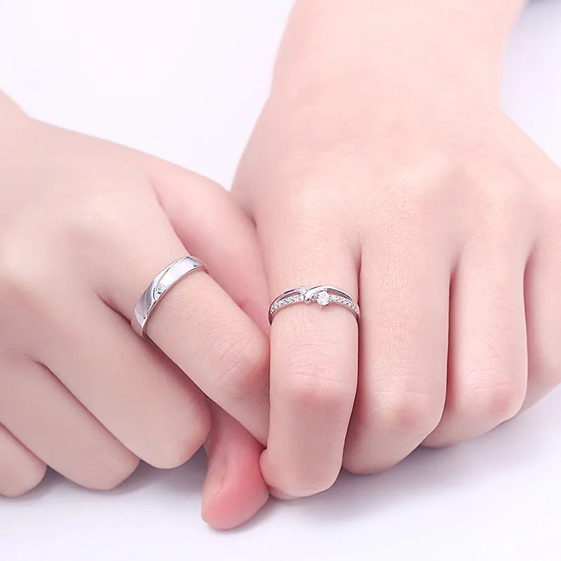 Simple sterling silver couple ring with diamond inlay in white gold finish