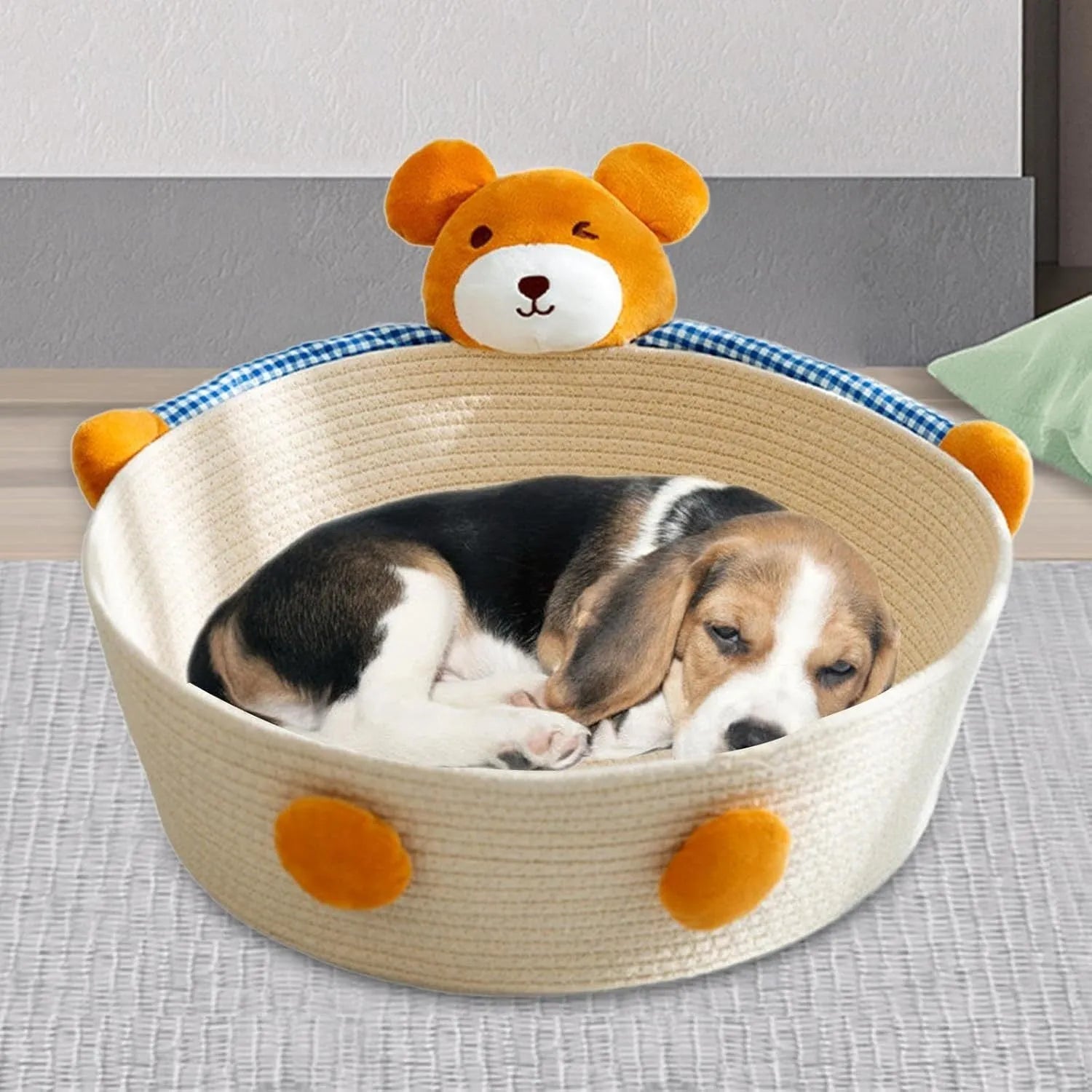 Woven cotton rope cat bed with scratching board in bear design, showing basket shape with textured surface