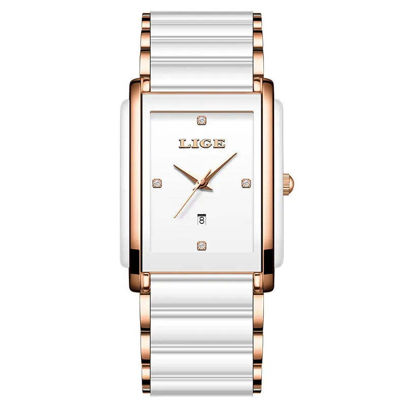 Fashion ceramic stainless steel couple quartz watch in rose gold black with antique style