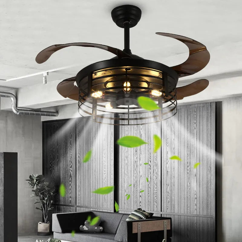 American retro industrial style ceiling fan lamp with acrylic blades and shade, remote control on table.