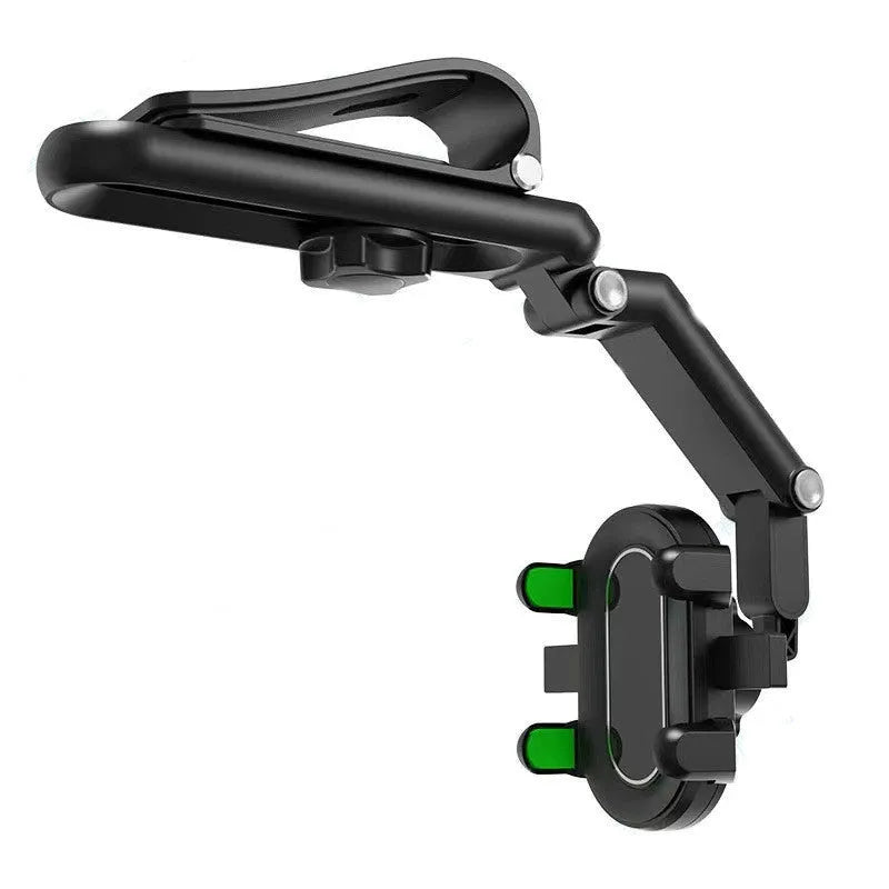 Black and green car mount sun visor with buckle clip for rear seat installation.