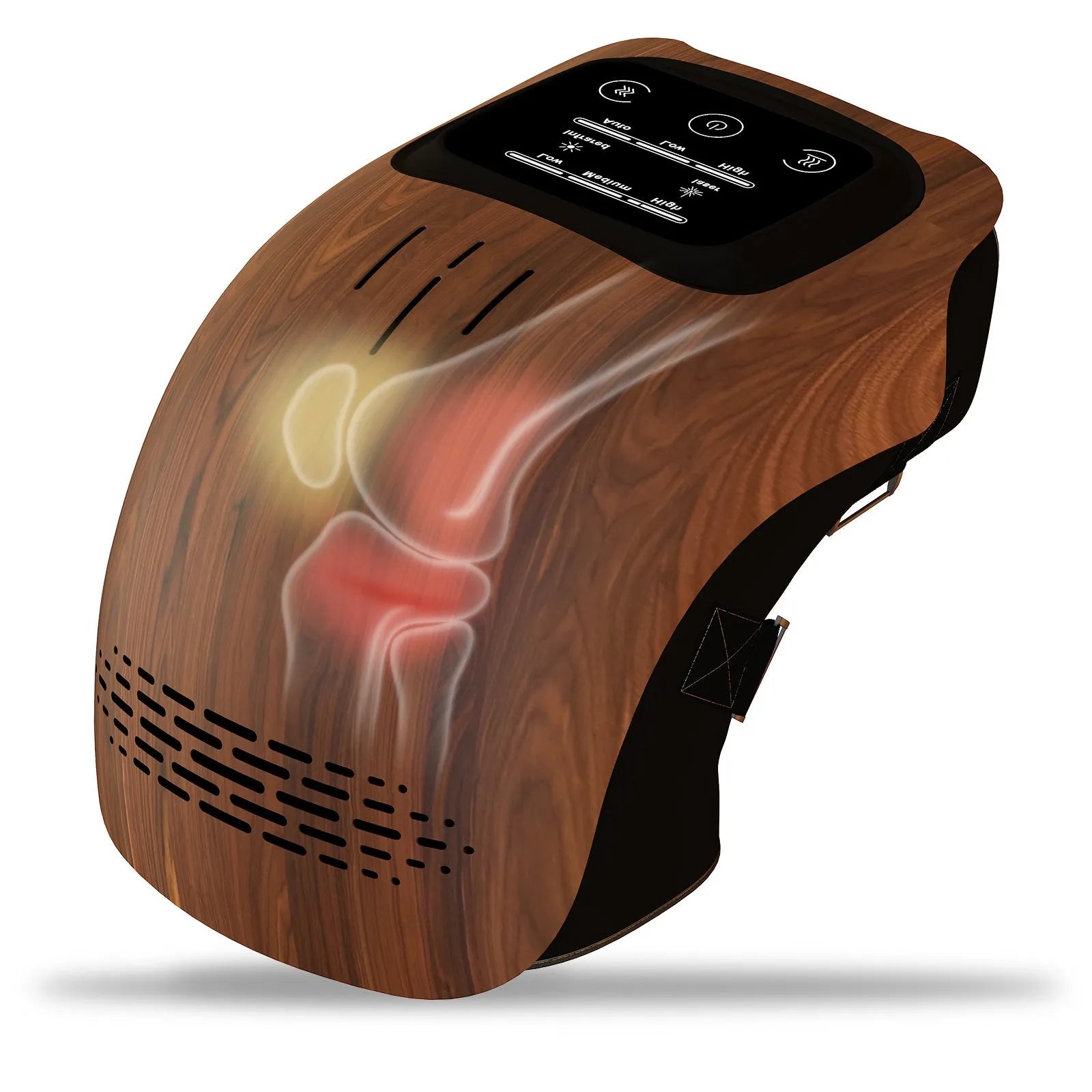 White rechargeable electric knee massager with infrared laser and heating for pain relief.