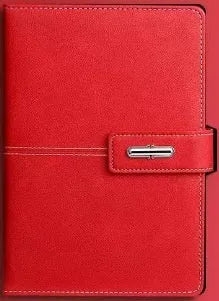 A5 notebook with PU leather cover in choice of colour, shown open on wood-free paper pages.
