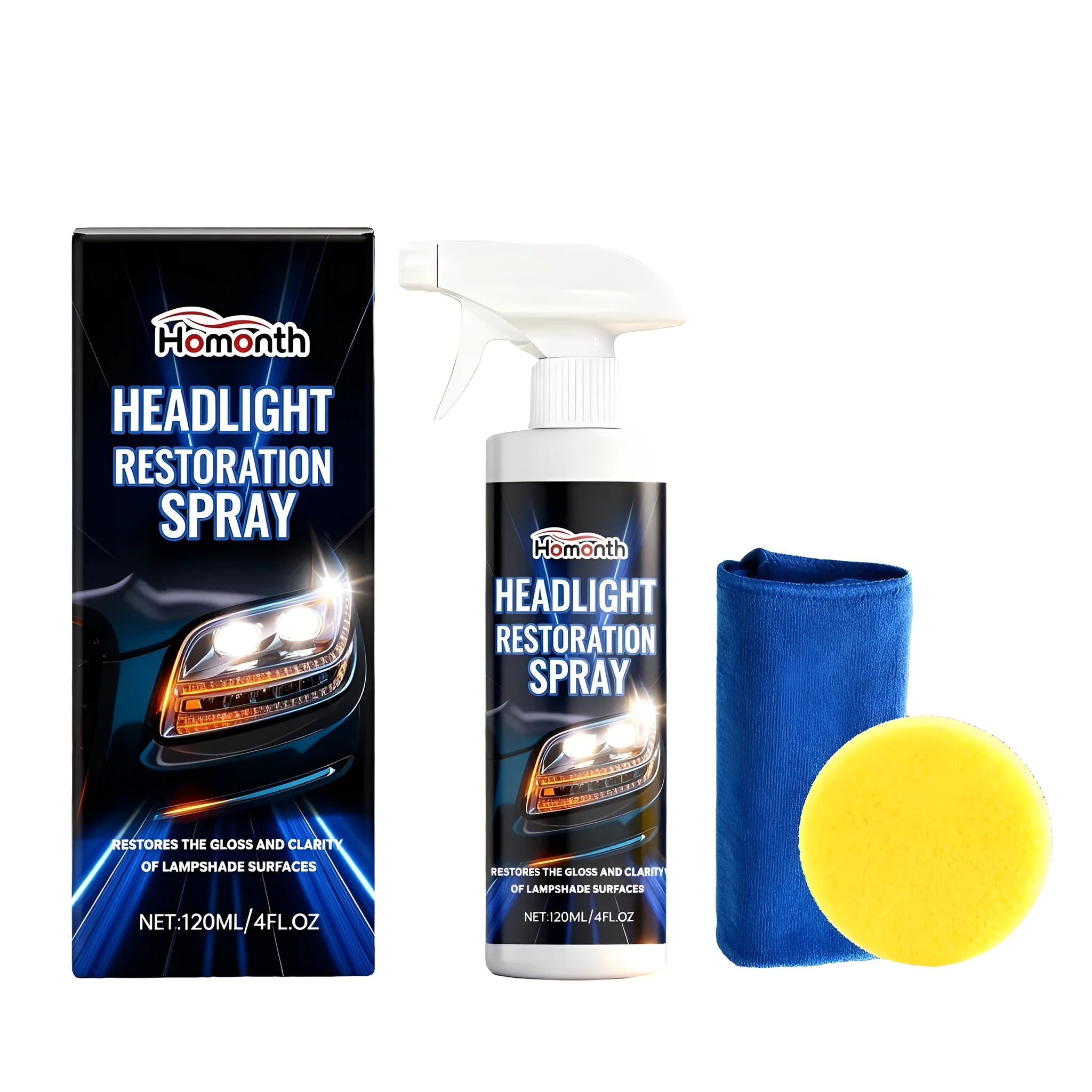HOMONTH headlight restoration spray 120ml bottle with sponge and towel on a car bonnet