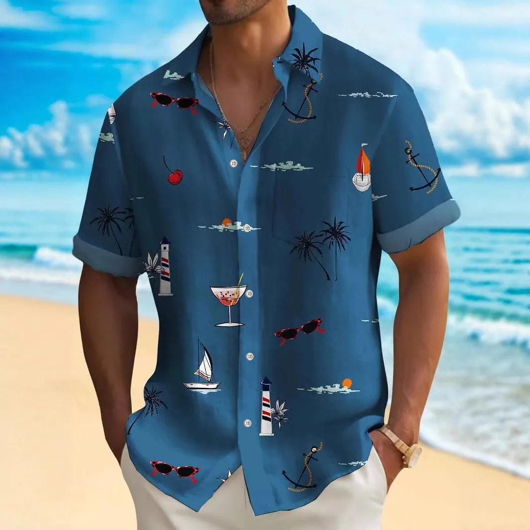 Man wearing a colourful digitally printed Hawaiian shirt with a loose fit and short sleeves.