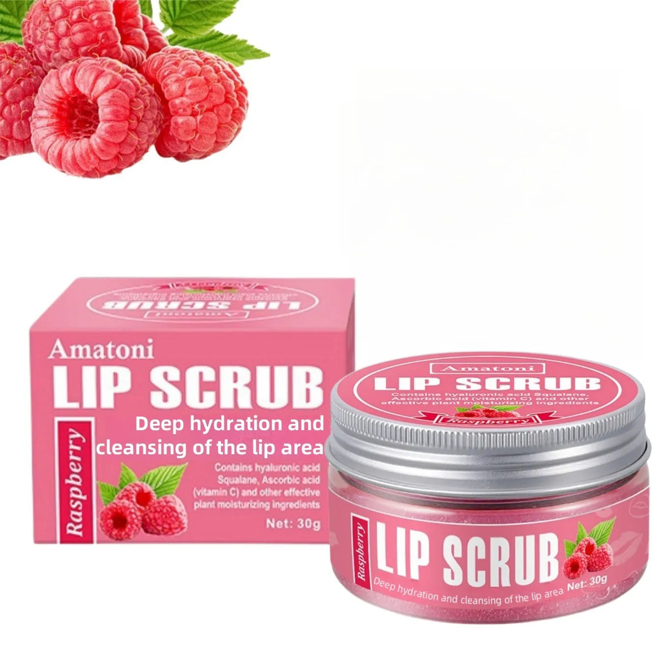 Amatoni fruit flavour lip scrub cream jar in choice of Coconut, Raspberry, Vanilla, or Watermelon, 30g.
