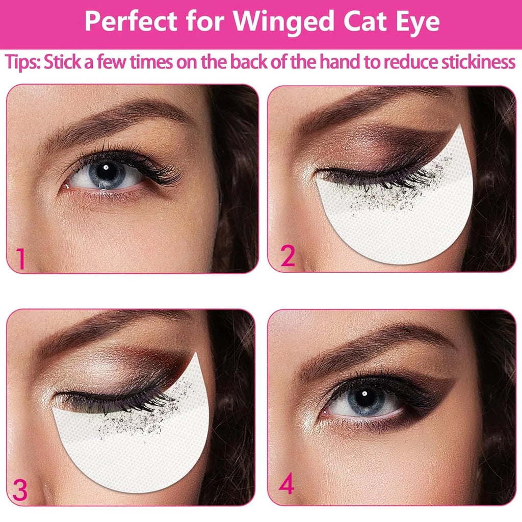 Pack of half-moon shaped disposable under-eye makeup shields on pink background