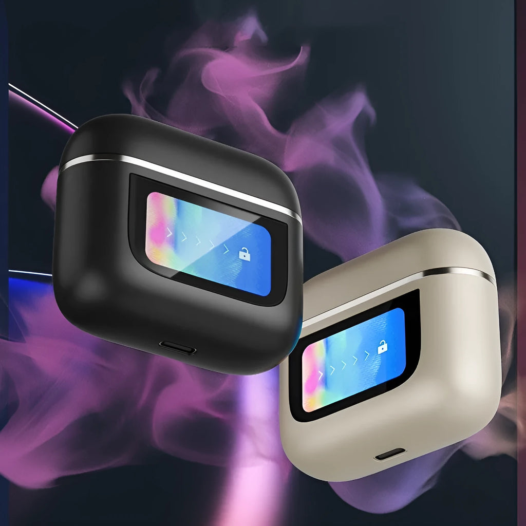 Wireless in-ear Bluetooth headphones with touch screen display and active noise cancellation technology