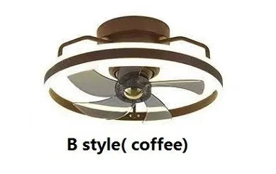 Modern white ceiling fan lamp with integrated light and five blades, mounted on a ceiling.